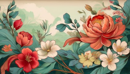 floral botany flowers plants leaves petals flowering blossoming thriving prolific lush verdant colorful palette japanese classical painting background generative ai