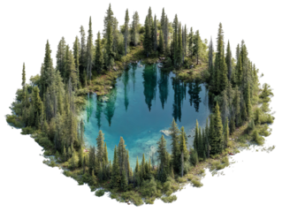 PNG of Serene aerial view of a tranquil lake surrounded by lush pine forests, showcasing vibrant shades of blue and green.