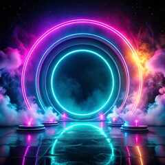 Neon portal glows, circles reflected in water, surrounded by nebula and stages