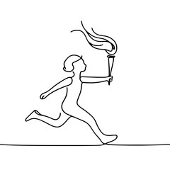 Child running with Olympic torch one line art illustration in black minimalist style