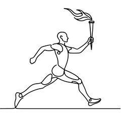 Fototapeta premium Man running with torch one line art illustration in black minimalist style