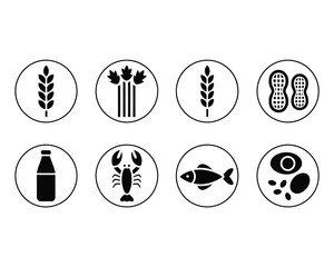 Common Food Allergen Icons Set in Black and White for Easy Identification and Safety Awareness