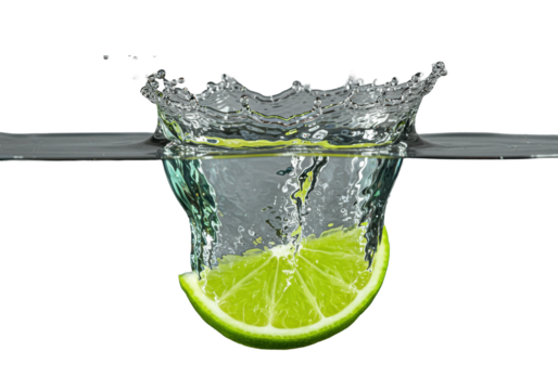 Vibrant green lime wedge mid-air, symmetrical splash, sparkling water droplets frozen in motion, isolated on transparent, bright studio lighting. Concept of refreshing purity and precision