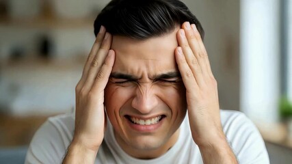Young man experiencing intense headache pain, grimacing with eyes squeezed shut, hands pressed against temples - Powered by Adobe