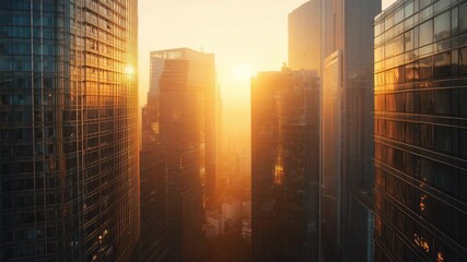 Wide drone boom-up shot revealing a stunning urban skyline bathed in golden sunset light, highlighting reflective glass buildings and a warm atmospheric glow. - Powered by Adobe