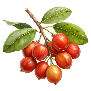 Watercolor illustration of a cluster of lilly pilly berries with leaves isolated on transparent background, showcasing the vibrant red fruit and green foliage