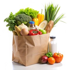 Groceries spilling out of brown paper bag. Fresh produce is displayed