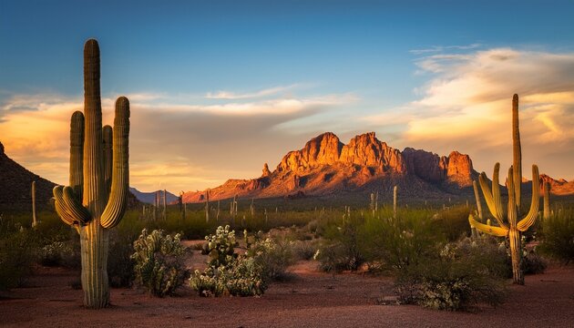 The Superstition Mountains In Arizona At Sunset With Cacti And Red Dirt Generative Ai Image