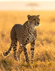 Naklejka premium A cheetah in golden sunlight, ambles across a savanna, its spotted coat highlighted by the warm glow of the setting sun.