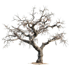 Fototapeta premium PNG of A twisted, gnarled tree with a unique shape against a transparent backdrop, showcasing intricate branches and sparse leaves.