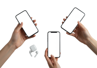 Elegant young woman's hands holding sleek smartphones with blank screens and a wireless earbud. transparent studio background, high-key lighting, modern elegance high-tech concept