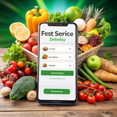 Digital shopping, fresh produce vegetables, fruits, displayed on screen. Wooden table. Green backdrop