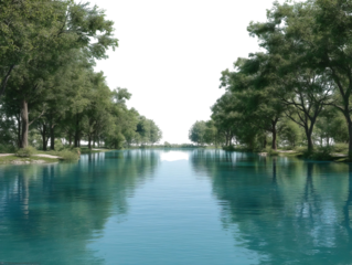 PNG of A serene river scene with vibrant turquoise waters bordered by lush green trees under bright sunlight.