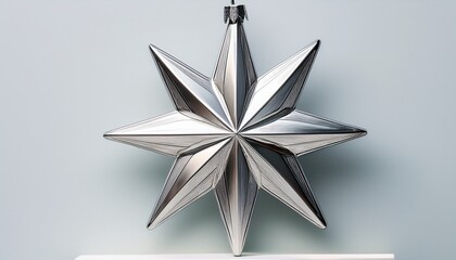 Shiny Silver Eight Pointed Star Ornament With Subtle Sparkles Mounted On A White Base Against A Plain Light Background