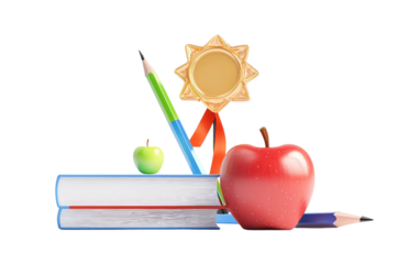 Teachers Day 3D icon set with book apple and award elements designed to represent education celebration and academic appreciation isolated on transparent background PNG