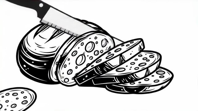 A sharp knife slicing through a loaf of bread on a clean surface, emphasizing culinary skills