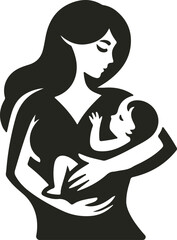 Elegant vector logo showing a mother tenderly holding her baby in a heart-shaped embrace, symbolizing love, care, and maternal connection.