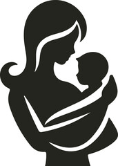 Elegant vector logo showing a mother tenderly holding her baby in a heart-shaped embrace, symbolizing love, care, and maternal connection.