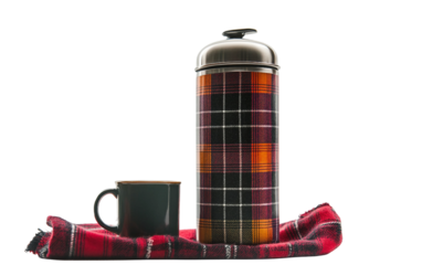 Thermos of hot tea with plaid pattern and enamel mug symbolizing outdoor adventure warmth and comfort during travel or camping trips isolated on transparent background PNG