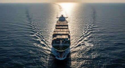 Large container ship sailing on the open ocean at sunset, leaving a wake behind it, symbolizing global trade and logistics.