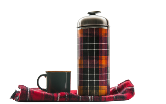 Thermos of hot tea with plaid pattern and enamel mug symbolizing outdoor adventure warmth and comfort during travel or camping trips isolated on transparent background PNG