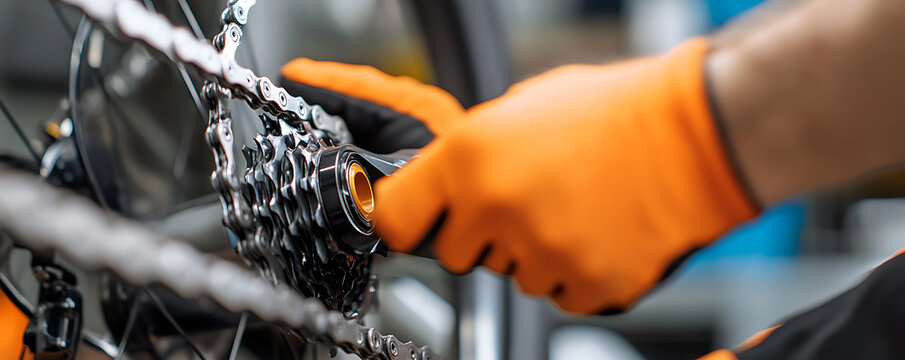 Close-up of gloved hands servicing a bicycle chain. Precision maintenance and gear adjustments for optimal cycling performance. Expert bike repair at work. - Powered by Adobe