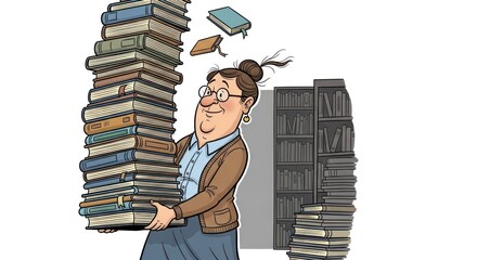 Librarian Carrying Stack of Books.