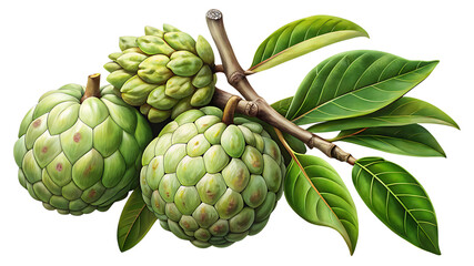 Watercolor painting of a branch of sugar apples, also known as sweetsop, isolated on transparent background, showcasing its unique texture and vibrant color