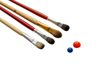 Five artist paintbrushes with varied handle colors and bristle shapes, subtly used, a wet watercolor blob, isolated on a transparent background, captured at 45 degrees, professional elegance concept