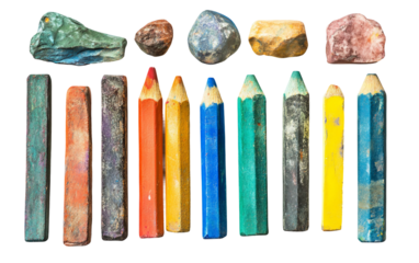 Overhead view of kids art and craft tools featuring colorful supplies for drawing painting and creative development activities isolated on transparent background PNG
