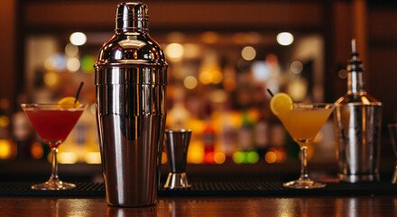 Cocktail shaker in a lively bar setting, preparing colorful drinks with lemon slices, with copy space