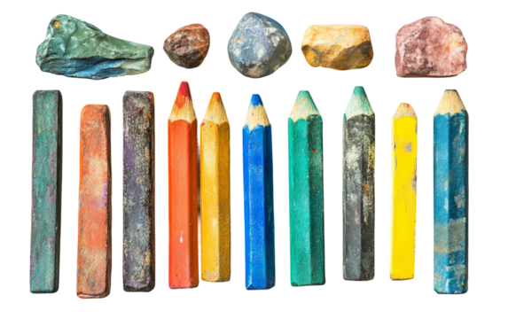 Overhead view of kids art and craft tools featuring colorful supplies for drawing painting and creative development activities isolated on transparent background PNG