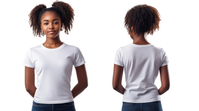 Front and back view of african american girl wearing blank t-shirt isolated on transparent background - Powered by Adobe