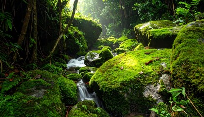 A tranquil stream flows through a lush, mossy forest, bathed in soft, natural light.