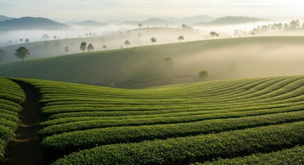 Lush Green Tea Plantation on Rolling Hills at Sunrise.