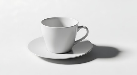 Minimalist white ceramic coffee cup and saucer shadow detail on white surface