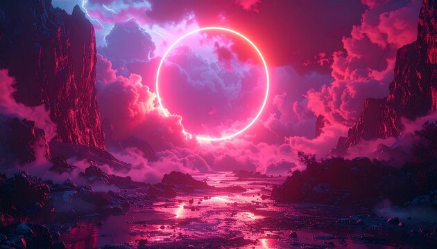 A vibrant, otherworldly landscape showcases dramatic, glowing pink clouds and mountains, with a large, bright, neon pink circle dominating the sky.