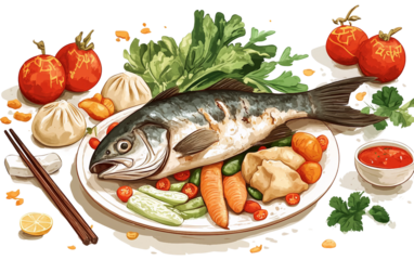 Traditional Chinese New Year dishes including symbolic festive foods representing cultural heritage family gatherings and celebration rituals isolated on transparent background PNG