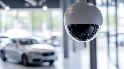 Security camera surveillance ensures safety in a vehicle showroom, providing a secure environment for customers and inventory, monitored by the security system.