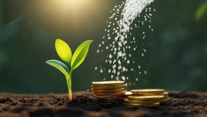 A young sprout emerges from soil, next to a stack of gold coins, as water is poured over them.  Sunlight illuminates the scene