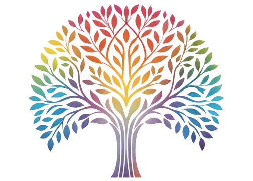 Colorful stylized tree with rainbow leaves isolated on a transparent background illustration