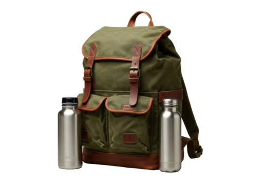 Detailed olive green canvas backpack with brown leather accents and silver stainless steel water bottle, studio shot on clean transparent background, 80mm lens. Commercial product photography - Powered by Adobe