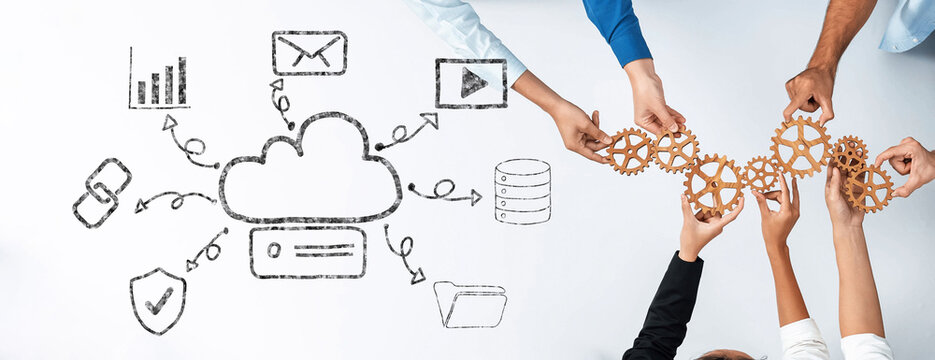 A vivid illustration of collaboration in technology, showcasing diverse hands connecting gears with cloud icons and visual representations of data and communication. Trope - Powered by Adobe