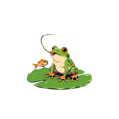 Cute Cartoon Frog on Lily Pad Catching Fish with Tongue | Green Amphibian Pond Life Illustration
