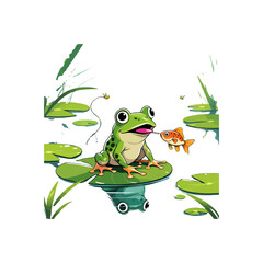 Fototapeta premium Cartoon Frog on Lily Pad Catching Goldfish in Pond - Cute Animal Illustration 