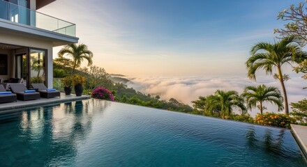 Luxury Infinity Pool Overlooking Tropical Ocean View at Sunset.