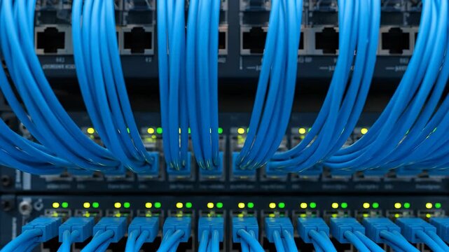 Ethernet cables connected to a switch with green LED lights.. An up-close photograph showing connectivity and organization.. Data center, network infrastructure, server room.