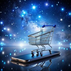 Shopping cart on phone screen with cosmic background