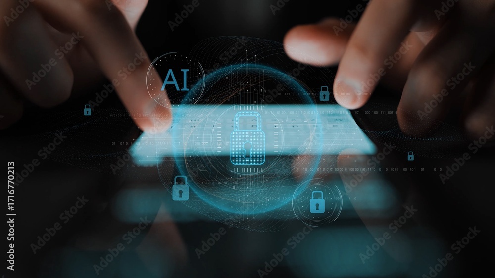 Poster ai cyber security system using biometric authentication and privacy control. cyber security protects