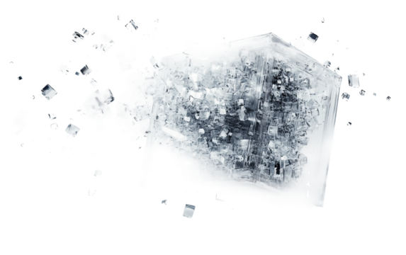 Clear cube with suspended digital element showcasing futuristic design, technology integration, and digital creativity isolated on transparent background PNG